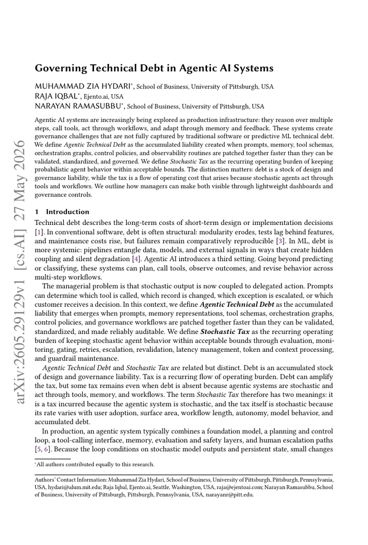 Governing Technical Debt in Agentic AI Systems