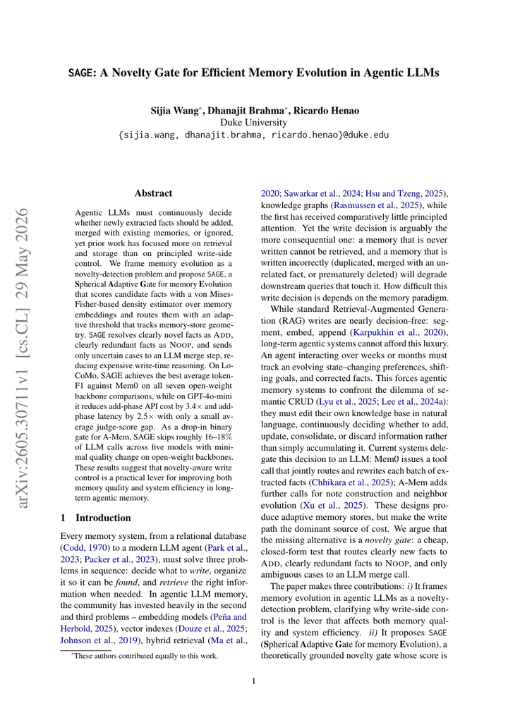 SAGE: A Novelty Gate for Efficient Memory Evolution in Agentic LLMs