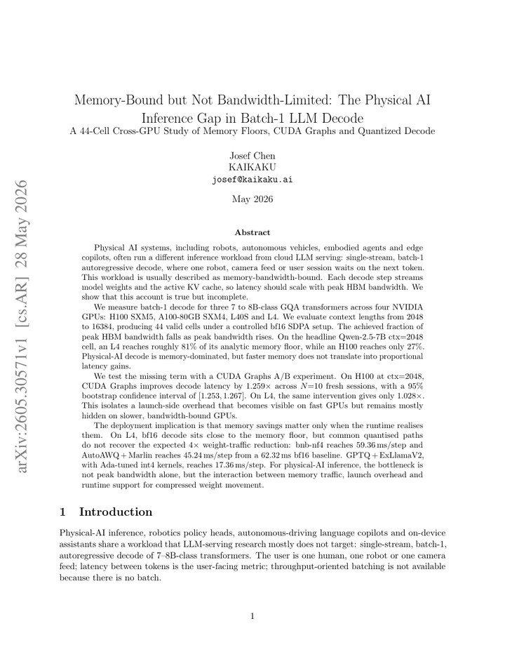 Memory-Bound but Not Bandwidth-Limited: The Physical AI Inference Gap in Batch-1 LLM Decode
