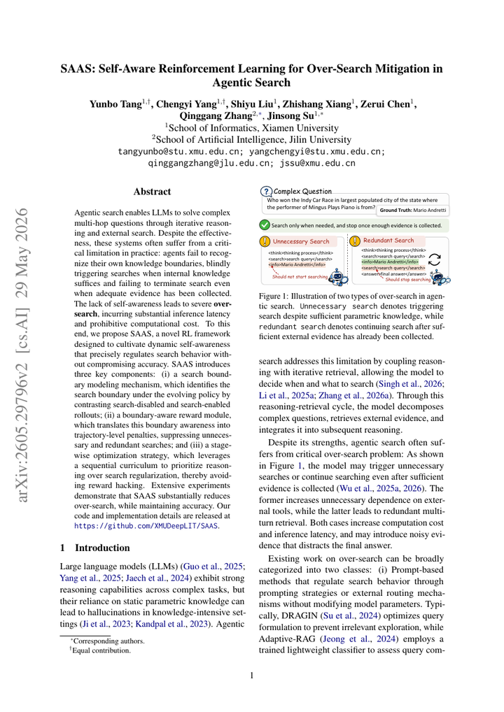 SAAS: Self-Aware Reinforcement Learning for Over-Search Mitigation in Agentic Search