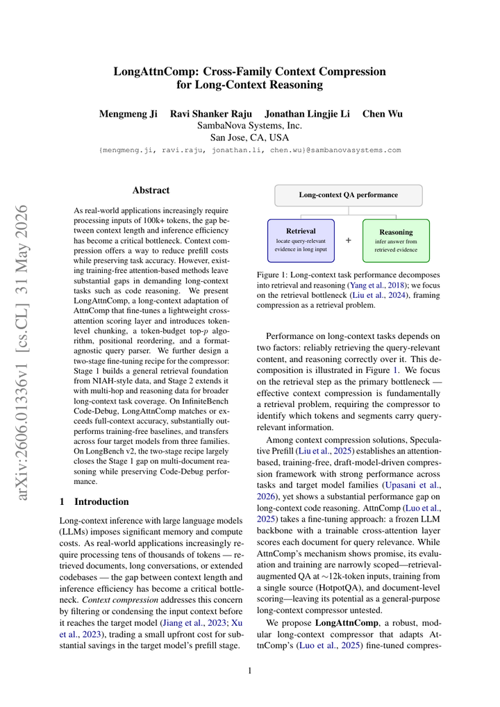 LongAttnComp: Cross-Family Context Compression for Long-Context Reasoning