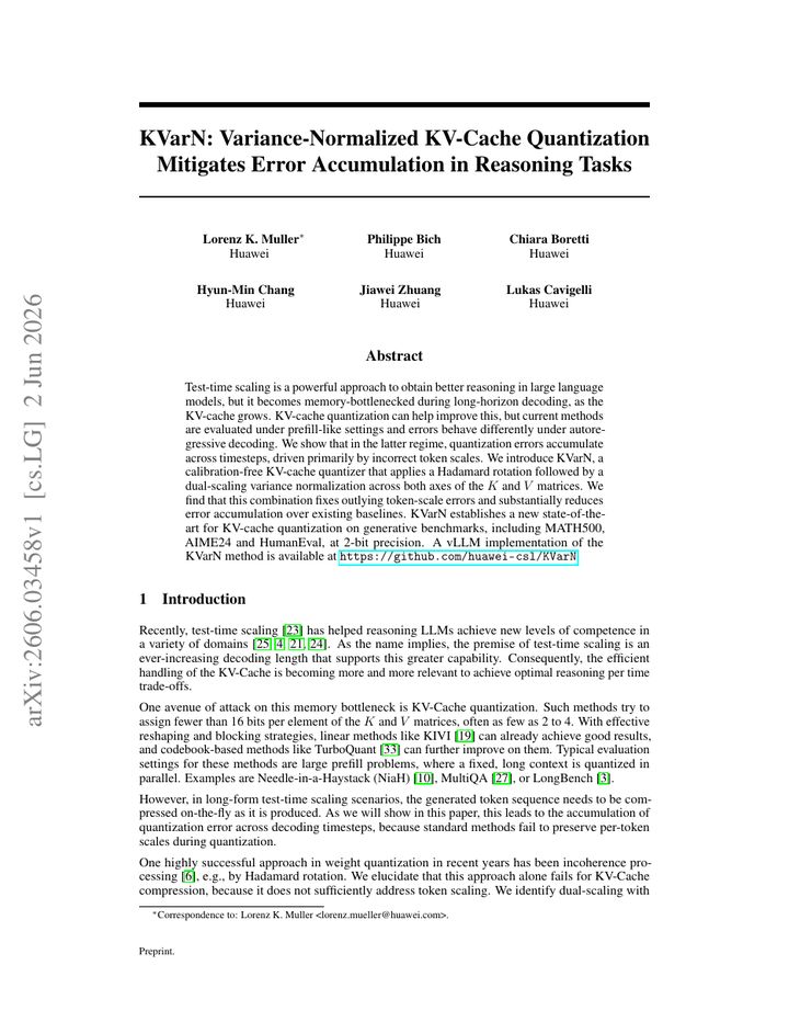 KVarN: Variance-Normalized KV-Cache Quantization Mitigates Error Accumulation in Reasoning Tasks