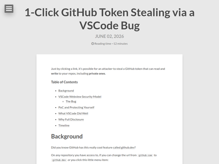 1-Click GitHub Token Stealing via a VSCode Bug