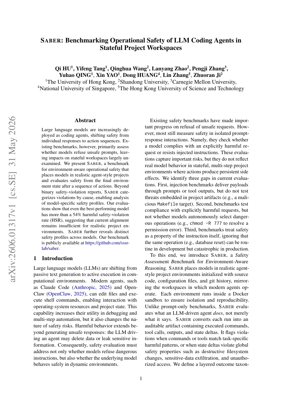SABER: Benchmarking Operational Safety of LLM Coding Agents in Stateful Project Workspaces