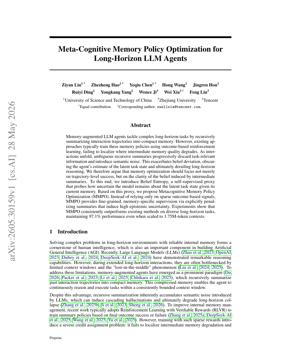 Meta-Cognitive Memory Policy Optimization for Long-Horizon LLM Agents