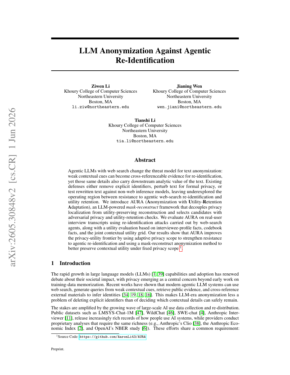 LLM Anonymization Against Agentic Re-Identification