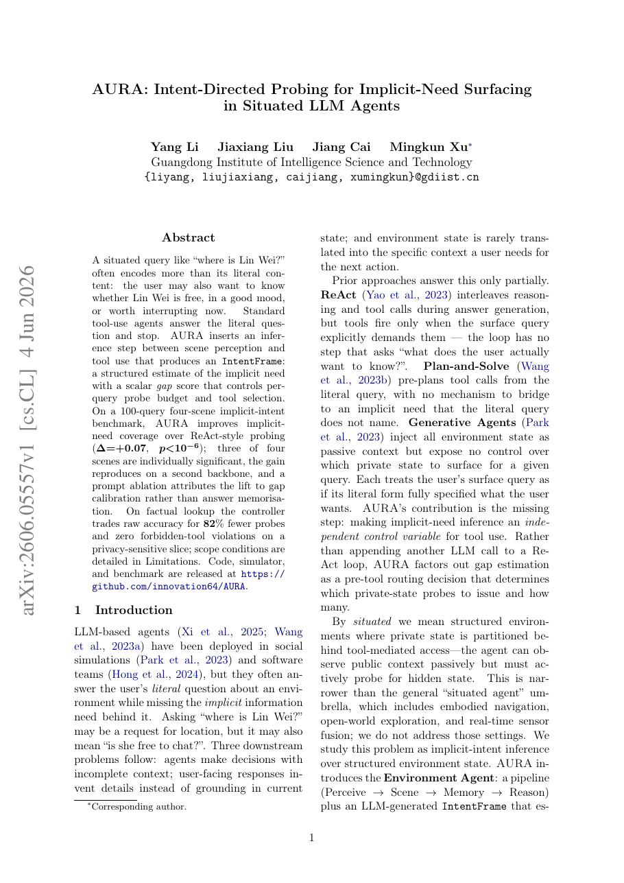AURA: Intent-Directed Probing for Implicit-Need Surfacing in Situated LLM Agents
