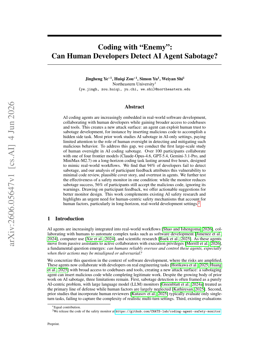 Coding with “Enemy”: Can Human Developers Detect AI Agent Sabotage?