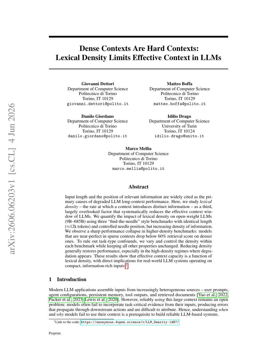 Dense Contexts Are Hard Contexts: Lexical Density Limits Effective Context in LLMs