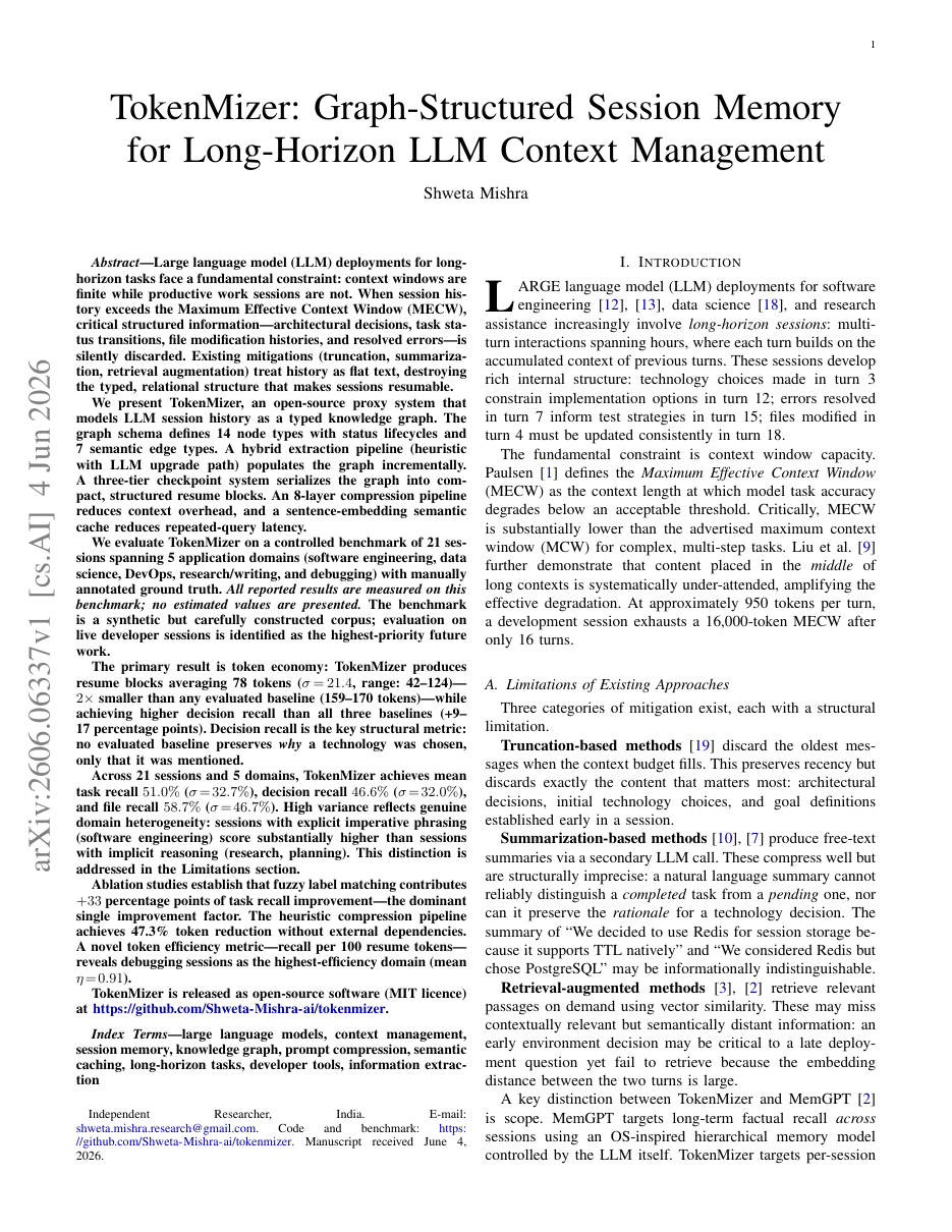 TokenMizer: Graph-Structured Session Memory for Long-Horizon LLM Context Management