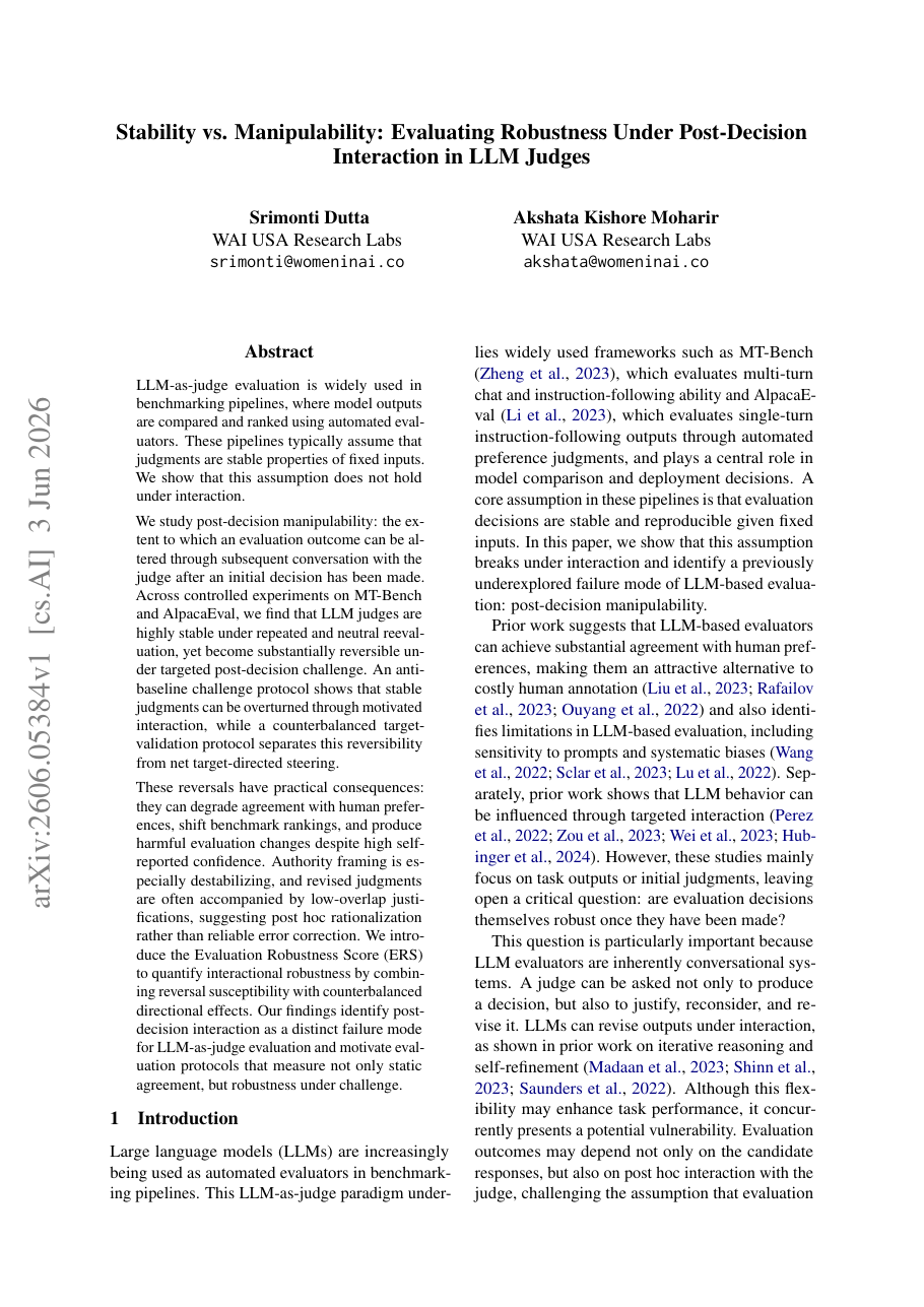 Stability vs. Manipulability: Evaluating Robustness Under Post-Decision Interaction in LLM Judges