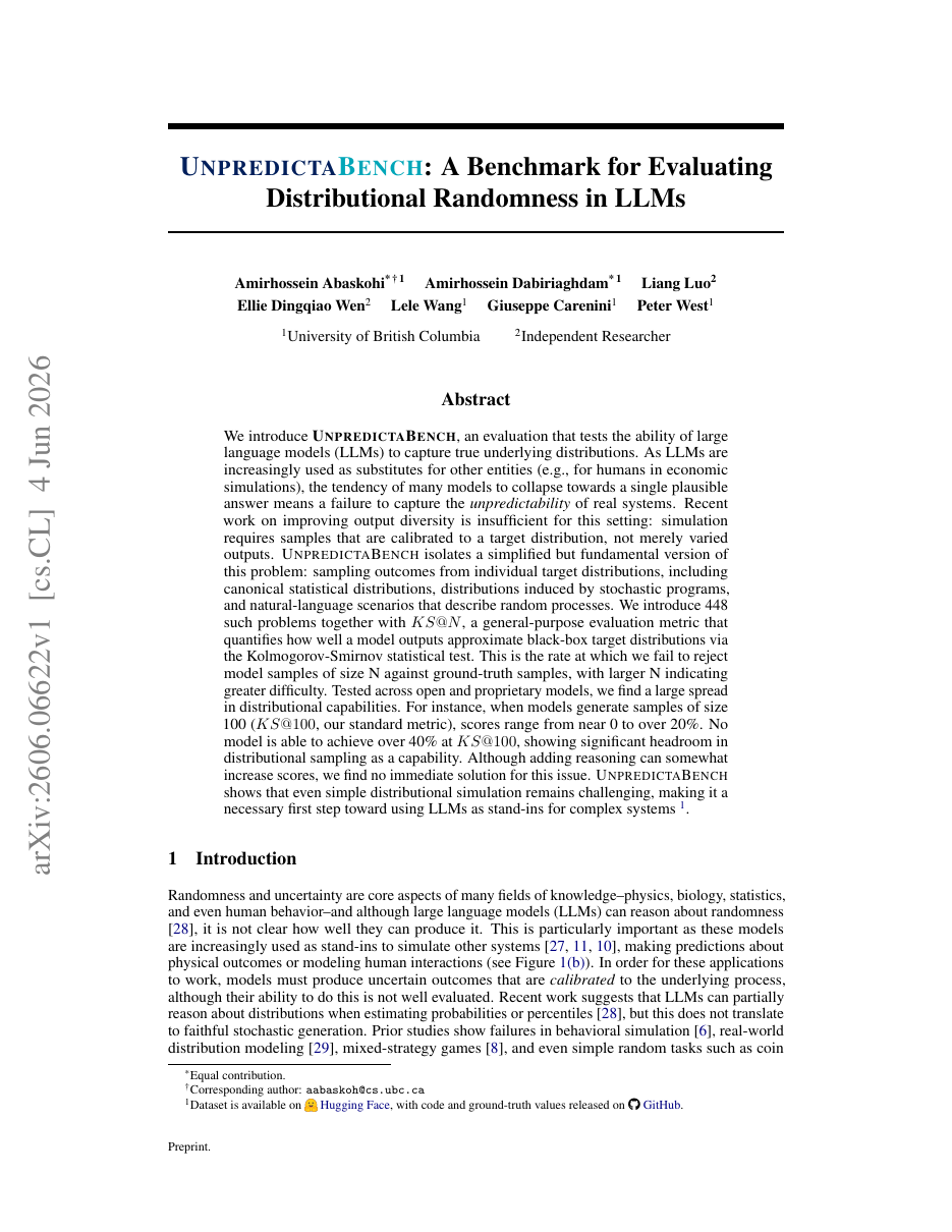 UnpredictaBench: A Benchmark for Evaluating Distributional Randomness in LLMs