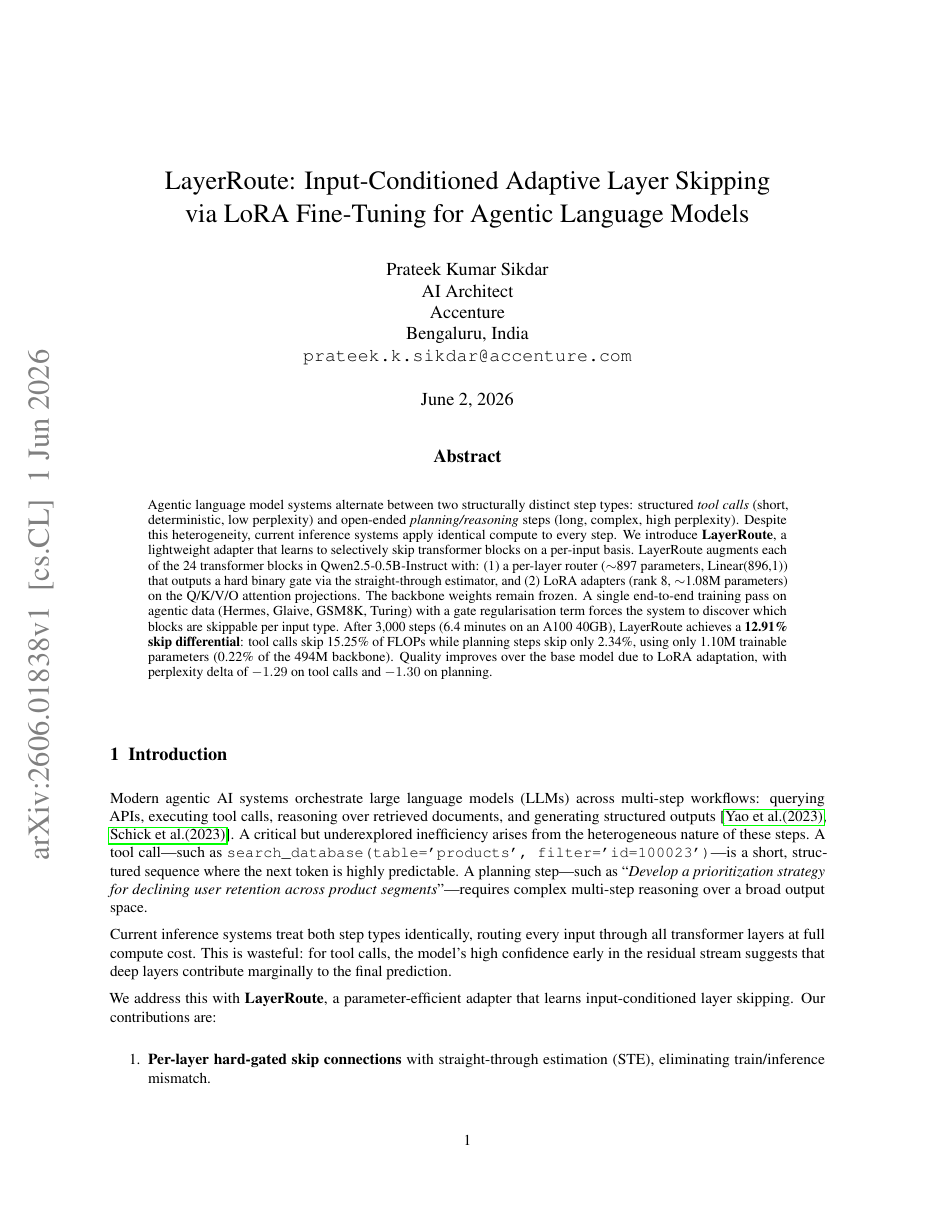 LayerRoute: Input-Conditioned Adaptive Layer Skipping via LoRA Fine-Tuning for Agentic Language Models