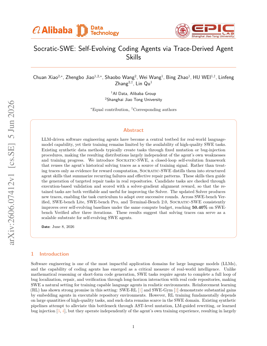 Socratic-SWE: Self-Evolving Coding Agents via Trace-Derived Agent Skills