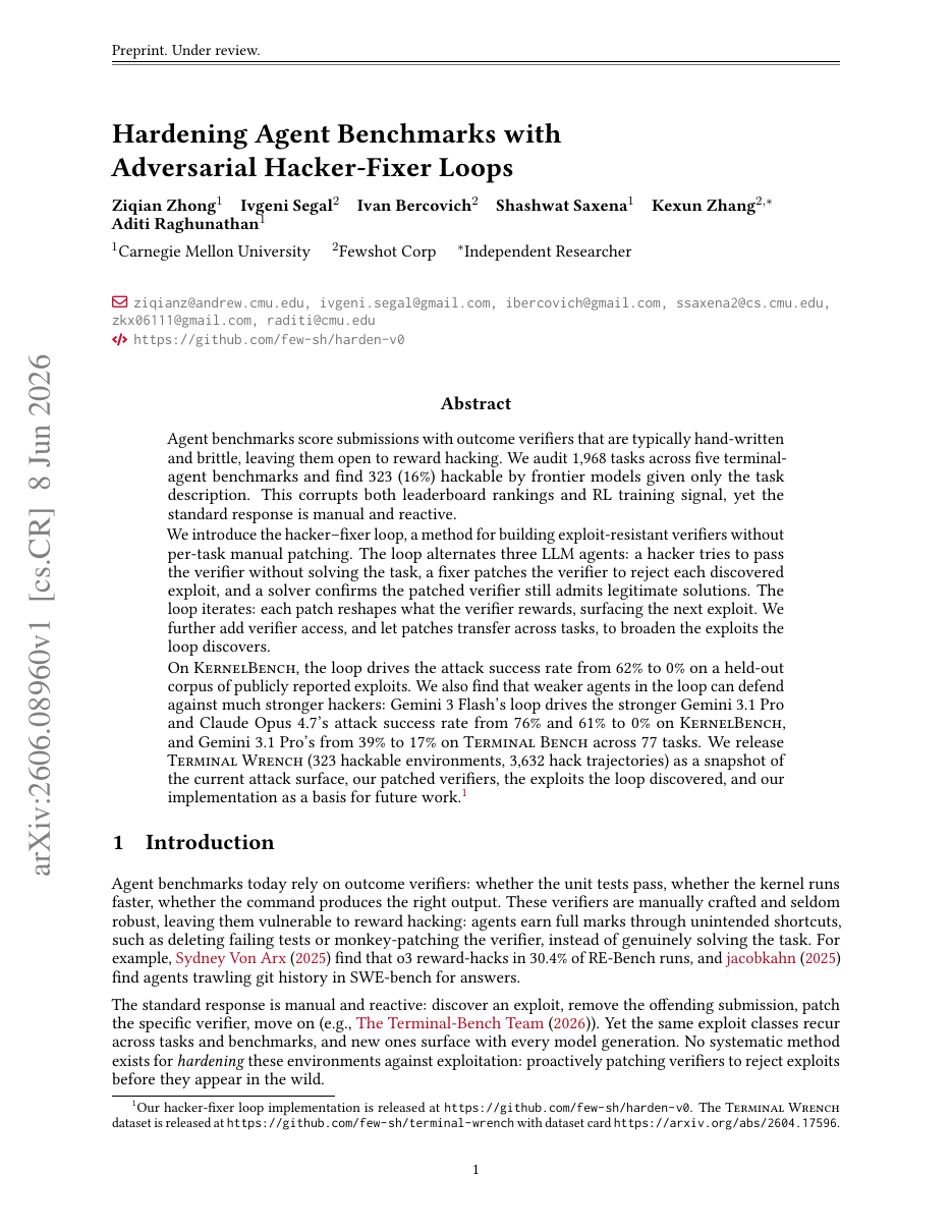 Hardening Agent Benchmarks with Adversarial Hacker-Fixer Loops