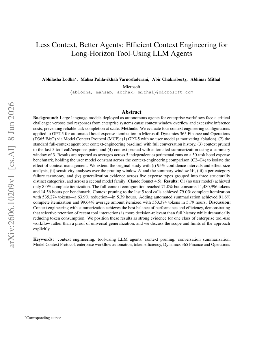 Less Context, Better Agents: Efficient Context Engineering for Long-Horizon Tool-Using LLM Agents