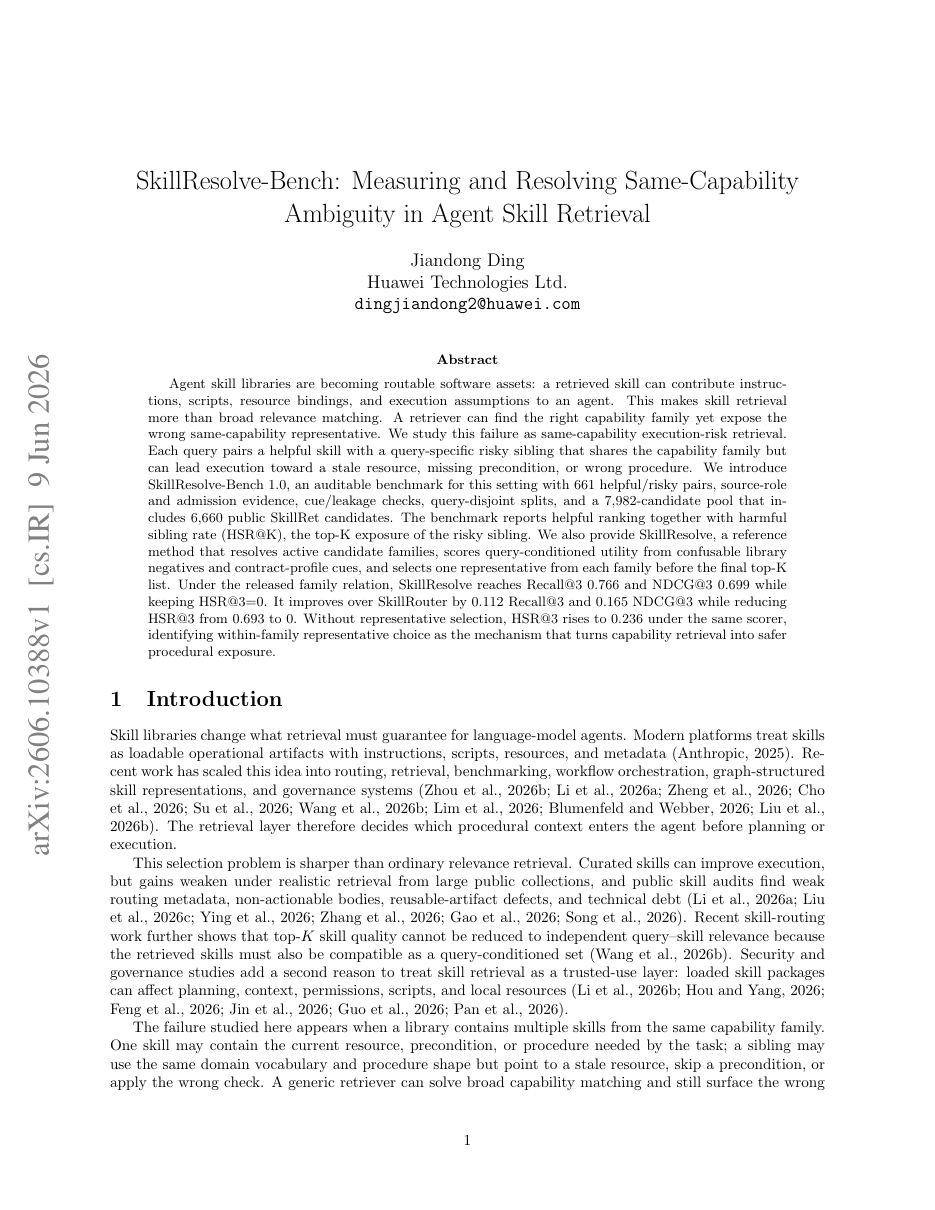SkillResolve-Bench: Measuring and Resolving Same-Capability Ambiguity in Agent Skill Retrieval