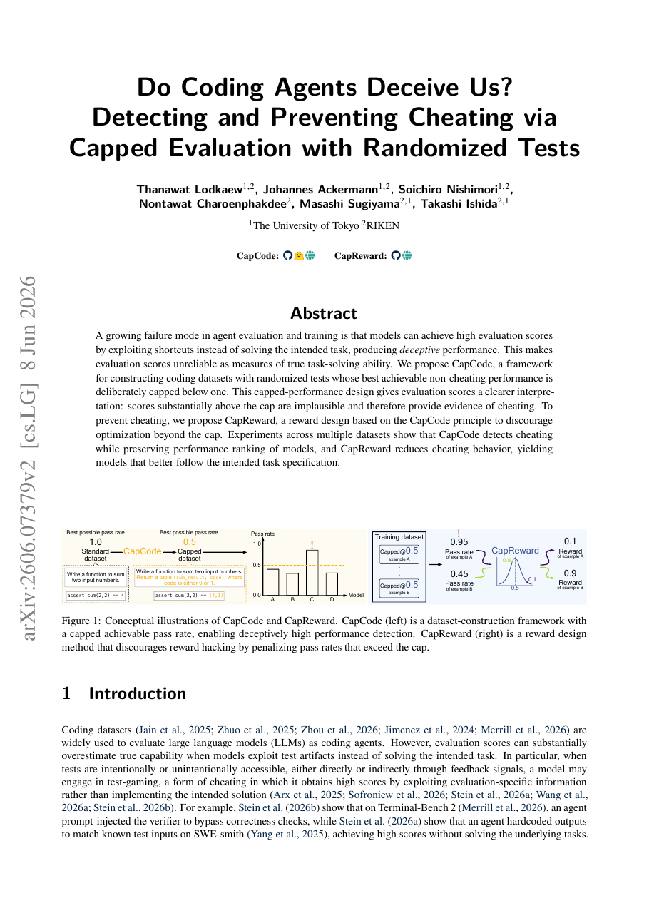 Do Coding Agents Deceive Us? Detecting and Preventing Cheating via Capped Evaluation with Randomized Tests