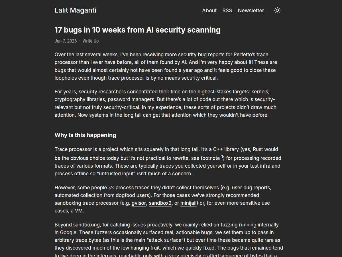 17 bugs in 10 weeks from AI security scanning