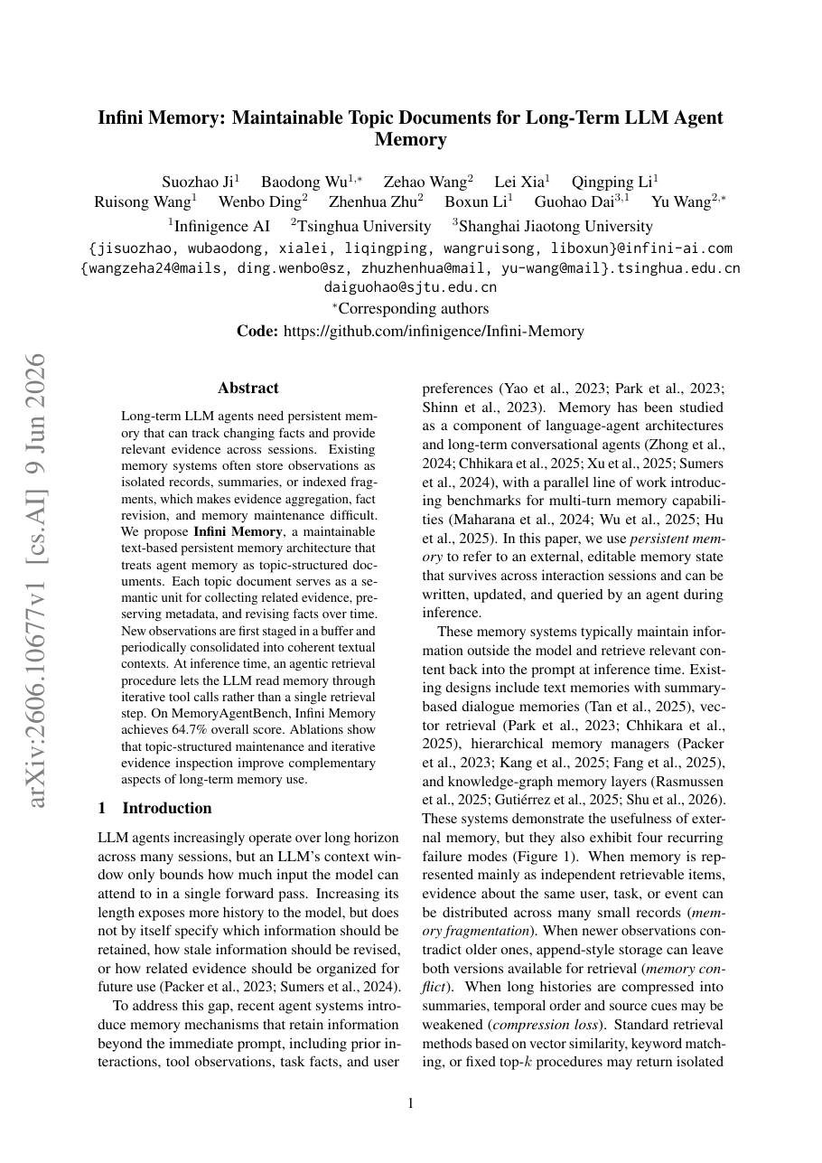 Infini Memory: Maintainable Topic Documents for Long-Term LLM Agent Memory