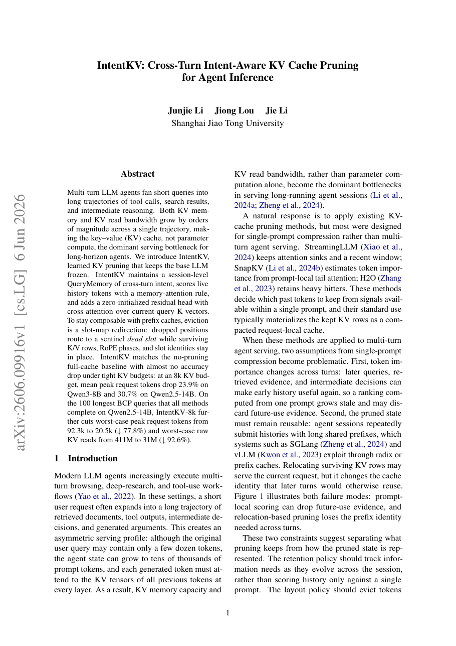 IntentKV: Cross-Turn Intent-Aware KV Cache Pruning for Agent Inference