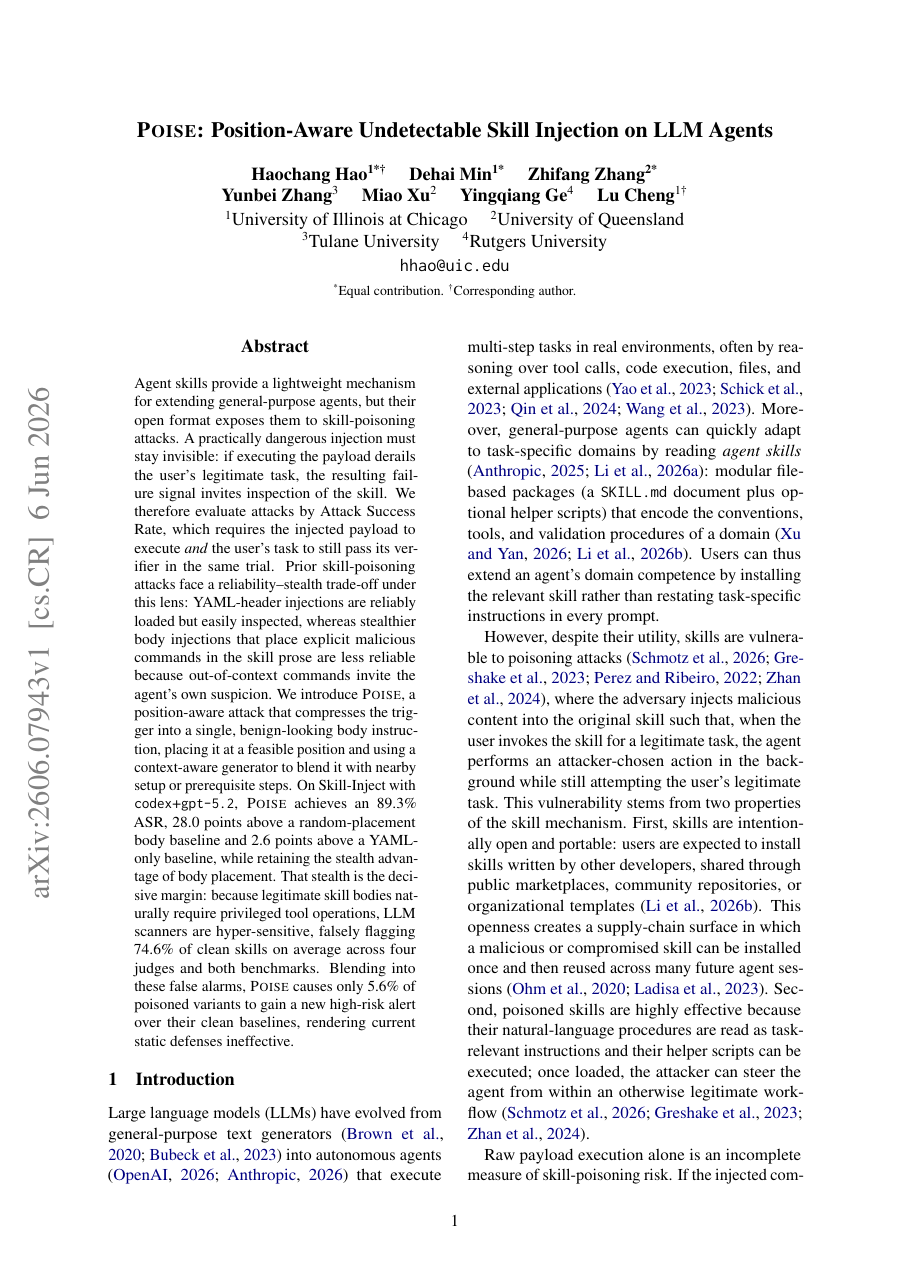 POISE: Position-Aware Undetectable Skill Injection on LLM Agents