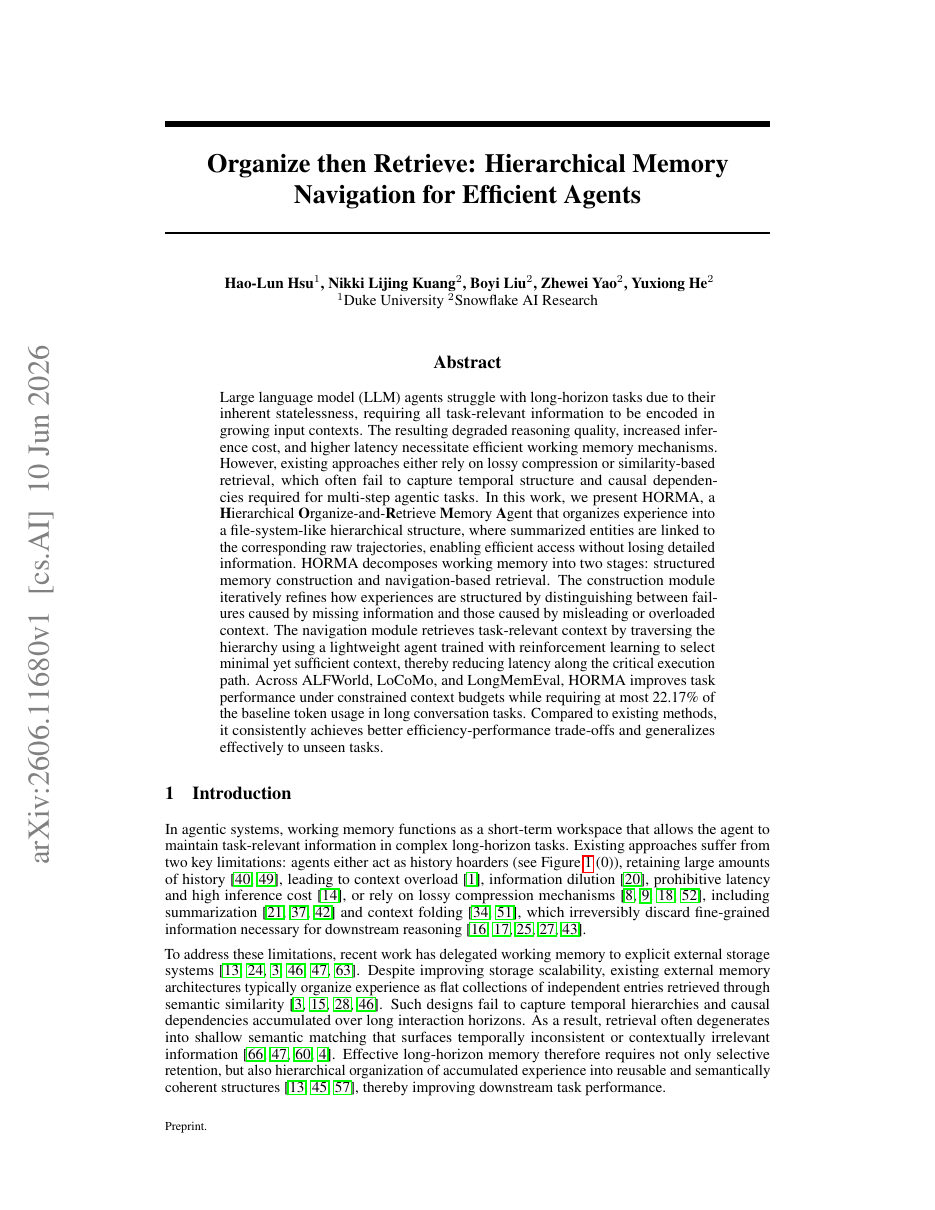 Organize then Retrieve: Hierarchical Memory Navigation for Efficient Agents