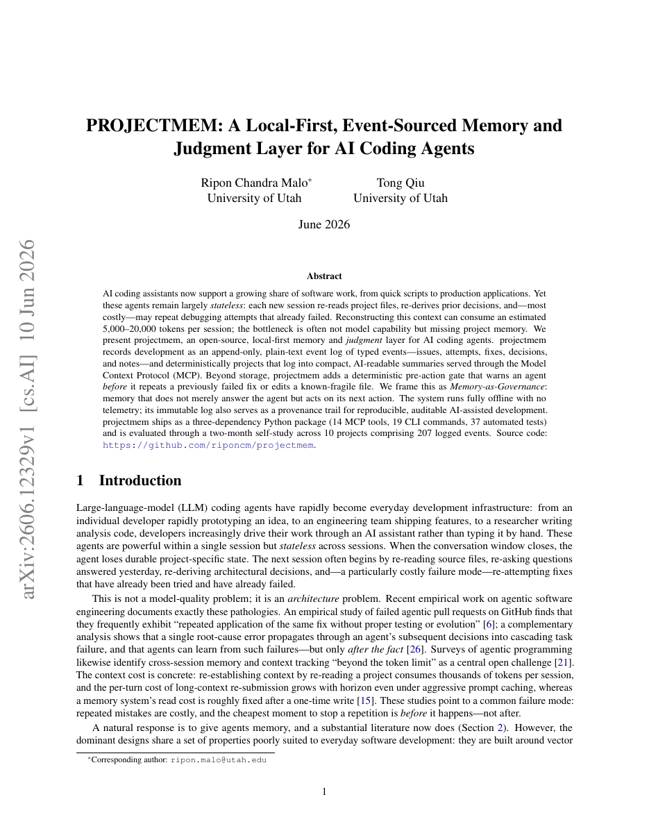 PROJECTMEM: A Local-First, Event-Sourced Memory and Judgment Layer for AI Coding Agents