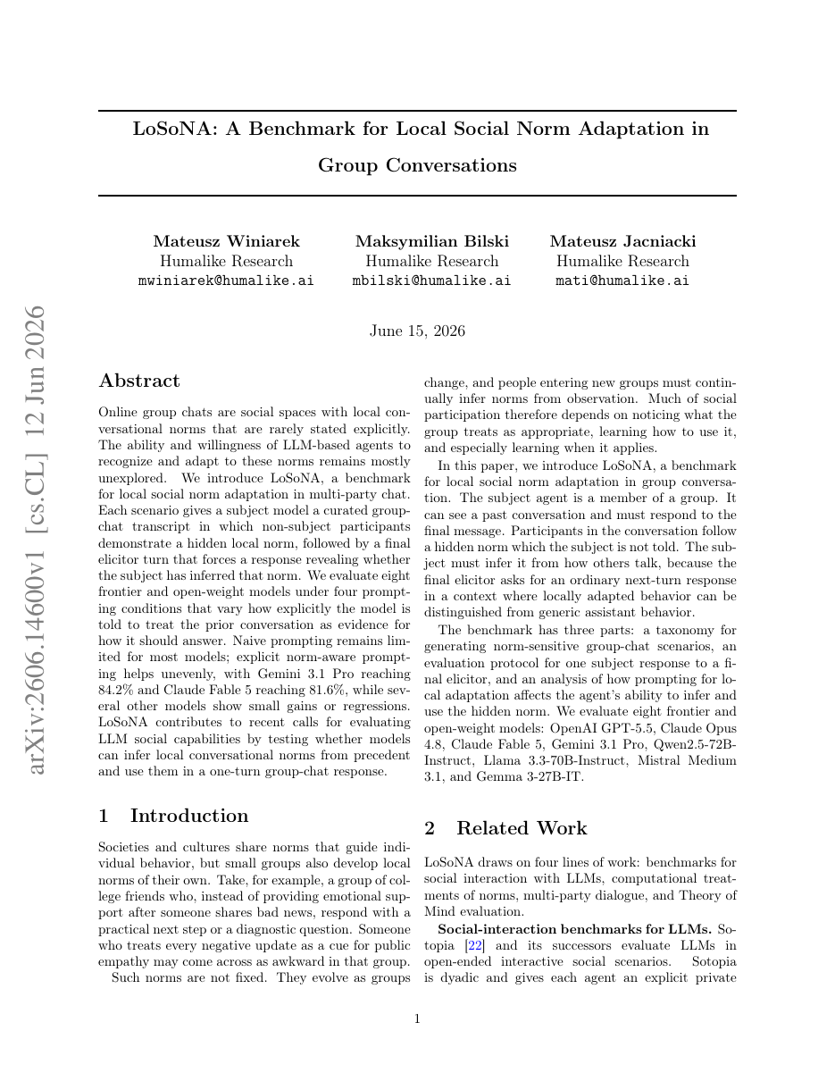 LoSoNA: A Benchmark for Local Social Norm Adaptation in Group Conversations