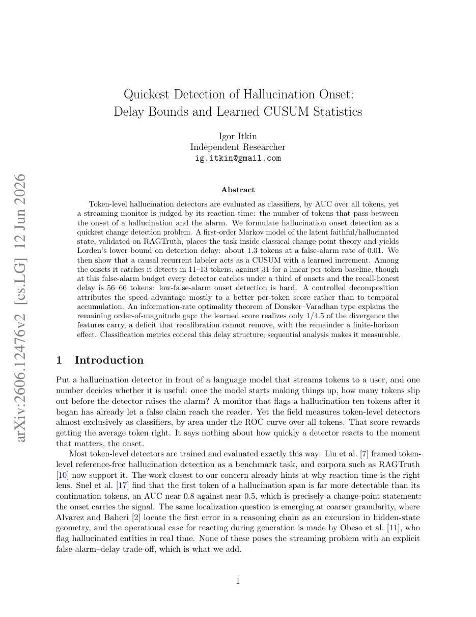Quickest Detection of Hallucination Onset: Delay Bounds and Learned CUSUM Statistics