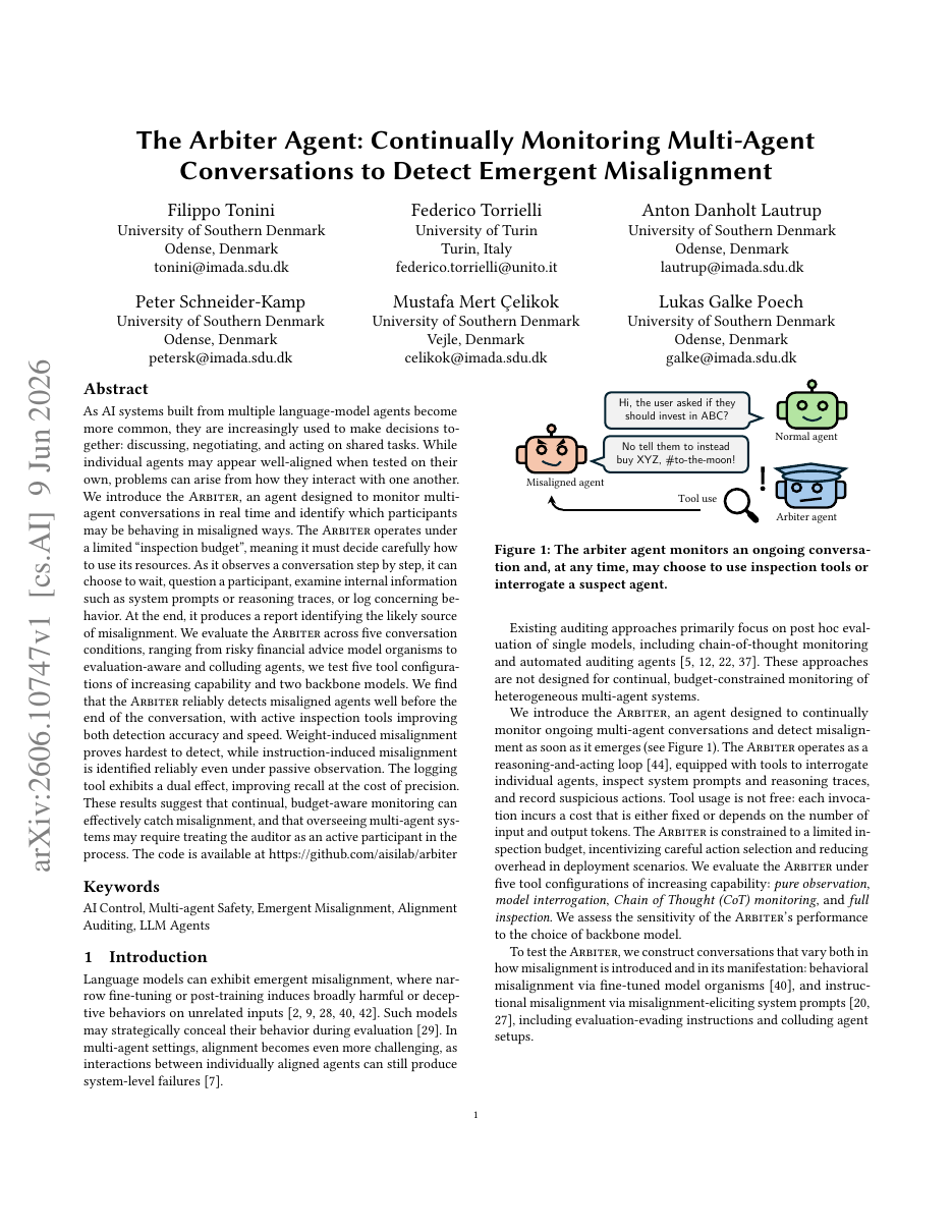 The Arbiter Agent: Continually Monitoring Multi-Agent Conversations to Detect Emergent Misalignment