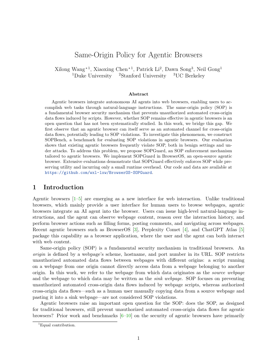 Same-Origin Policy for Agentic Browsers