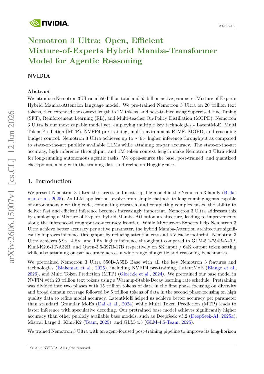 Nemotron 3 Ultra: Open, Efficient Mixture-of-Experts Hybrid Mamba-Transformer Model for Agentic Reasoning