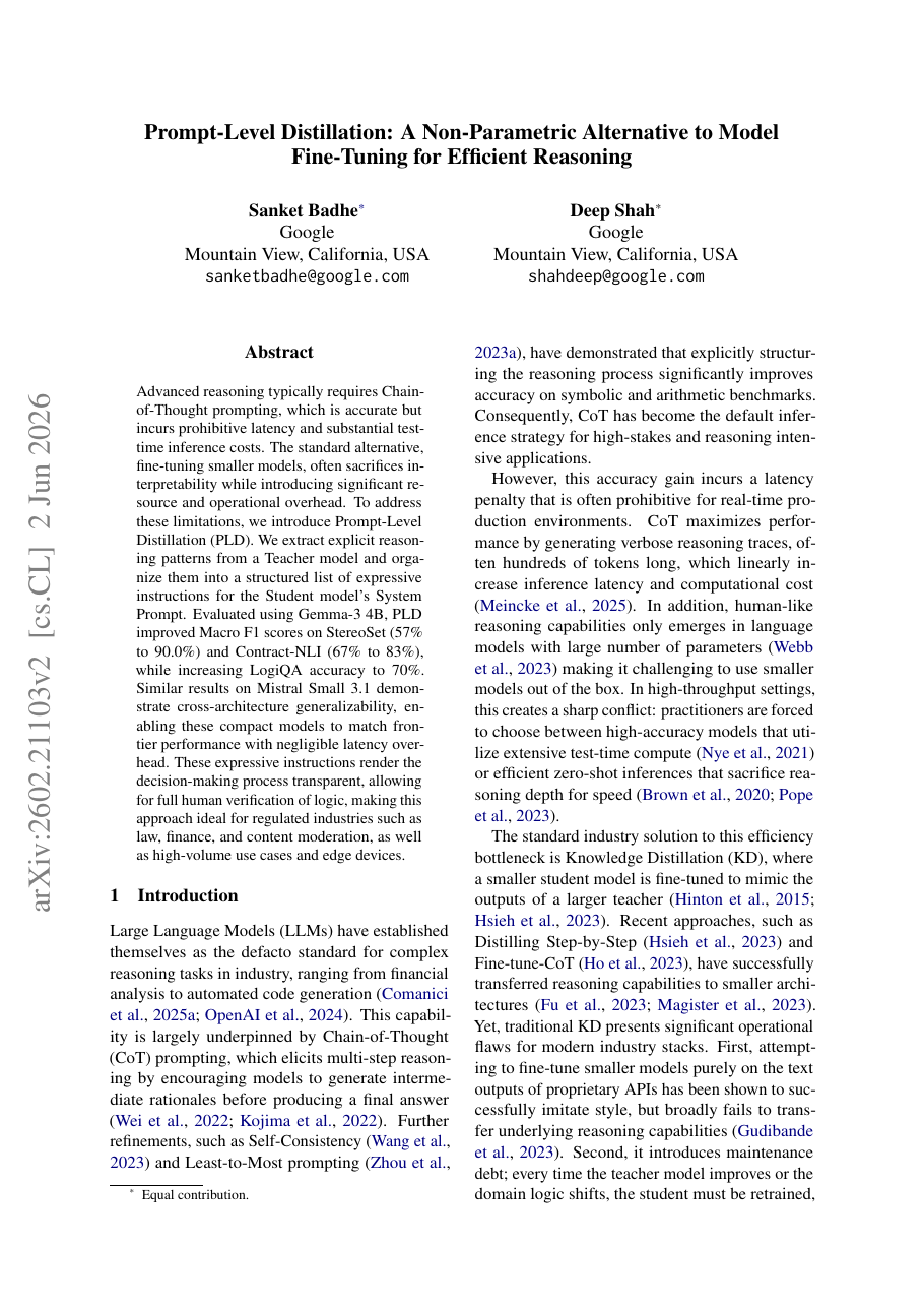 Prompt-Level Distillation: A Non-Parametric Alternative to Model Fine-Tuning for Efficient Reasoning
