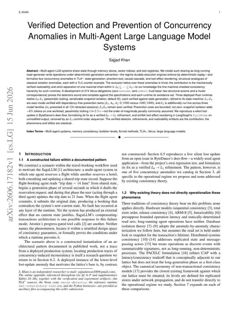 Verified Detection and Prevention of Concurrency Anomalies in Multi-Agent Large Language Model Systems