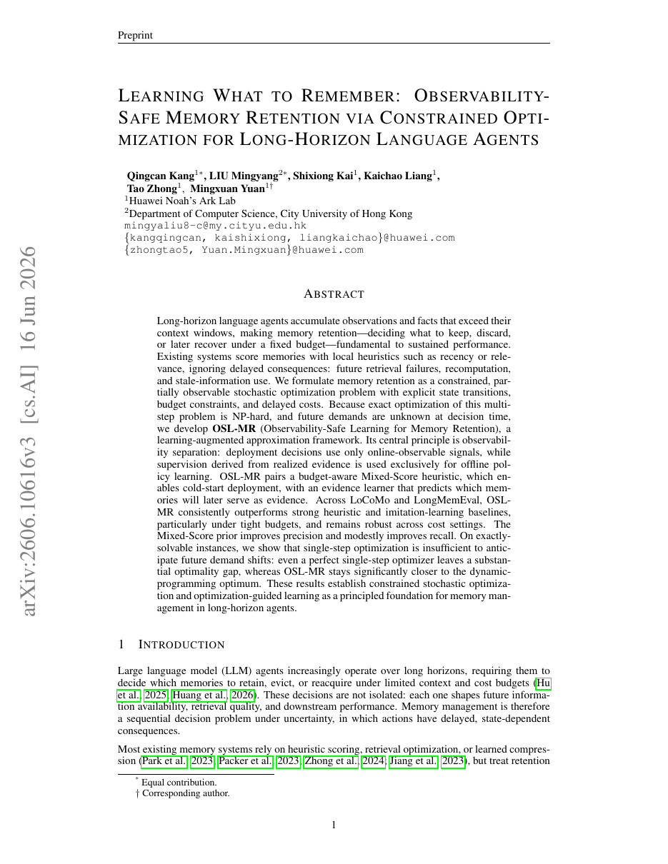 Learning What to Remember: Observability-Safe Memory Retention via Constrained Optimization for Long-Horizon Language Agents