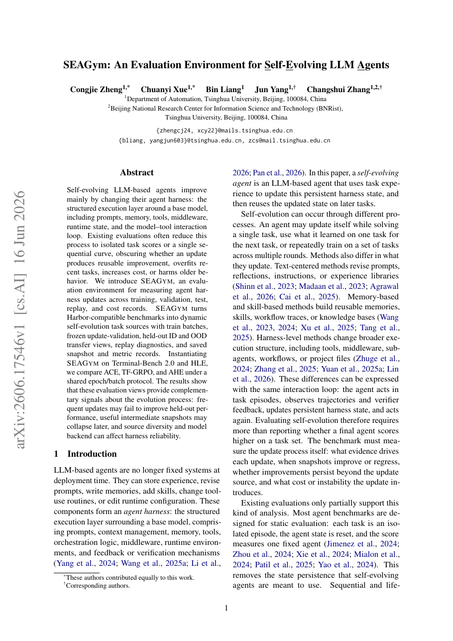 SEAGym: An Evaluation Environment for Self-Evolving LLM Agents