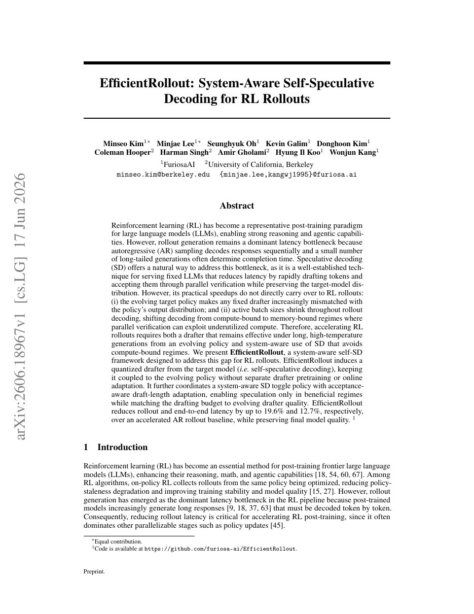 EfficientRollout: System-Aware Self-Speculative Decoding for RL Rollouts