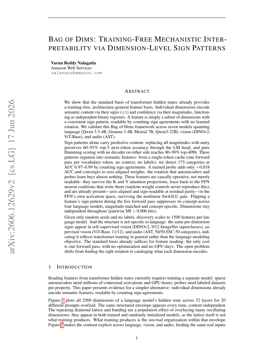 Bag of Dims: Training-Free Mechanistic Interpretability via Dimension-Level Sign Patterns
