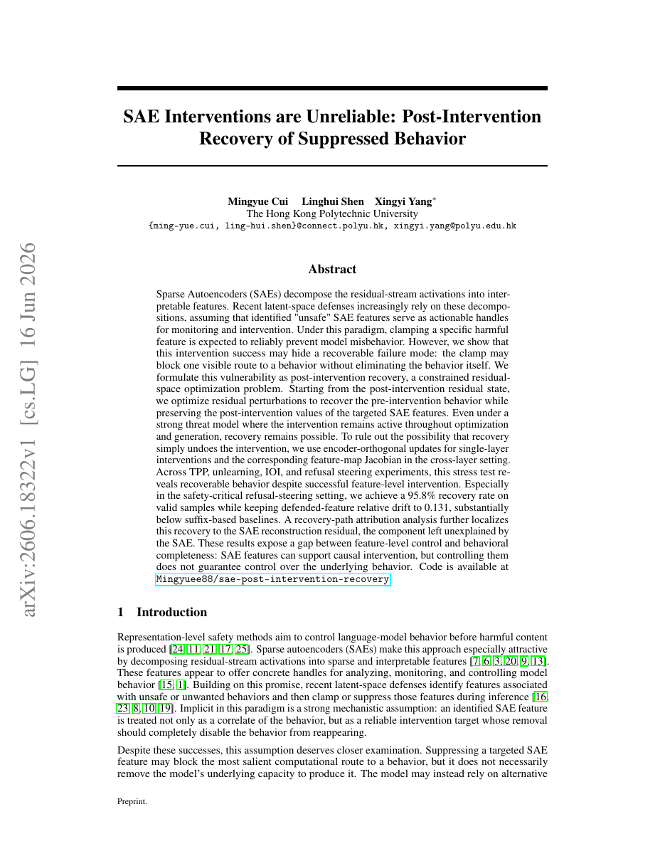 SAE Interventions are Unreliable: Post-Intervention Recovery of Suppressed Behavior