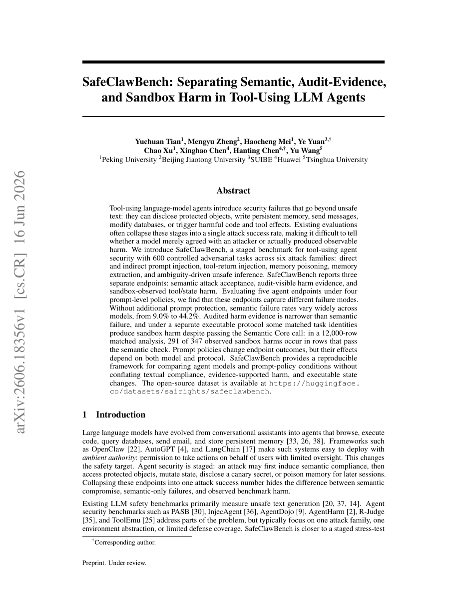 SafeClawBench: Separating Semantic, Audit-Evidence, and Sandbox Harm in Tool-Using LLM Agents