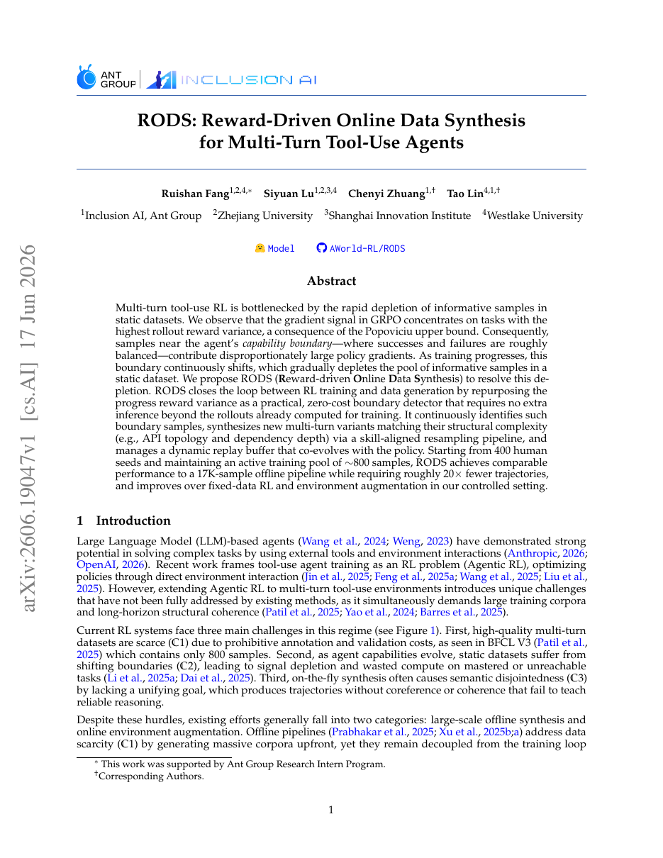 RODS: Reward-Driven Online Data Synthesis for Multi-Turn Tool-Use Agents