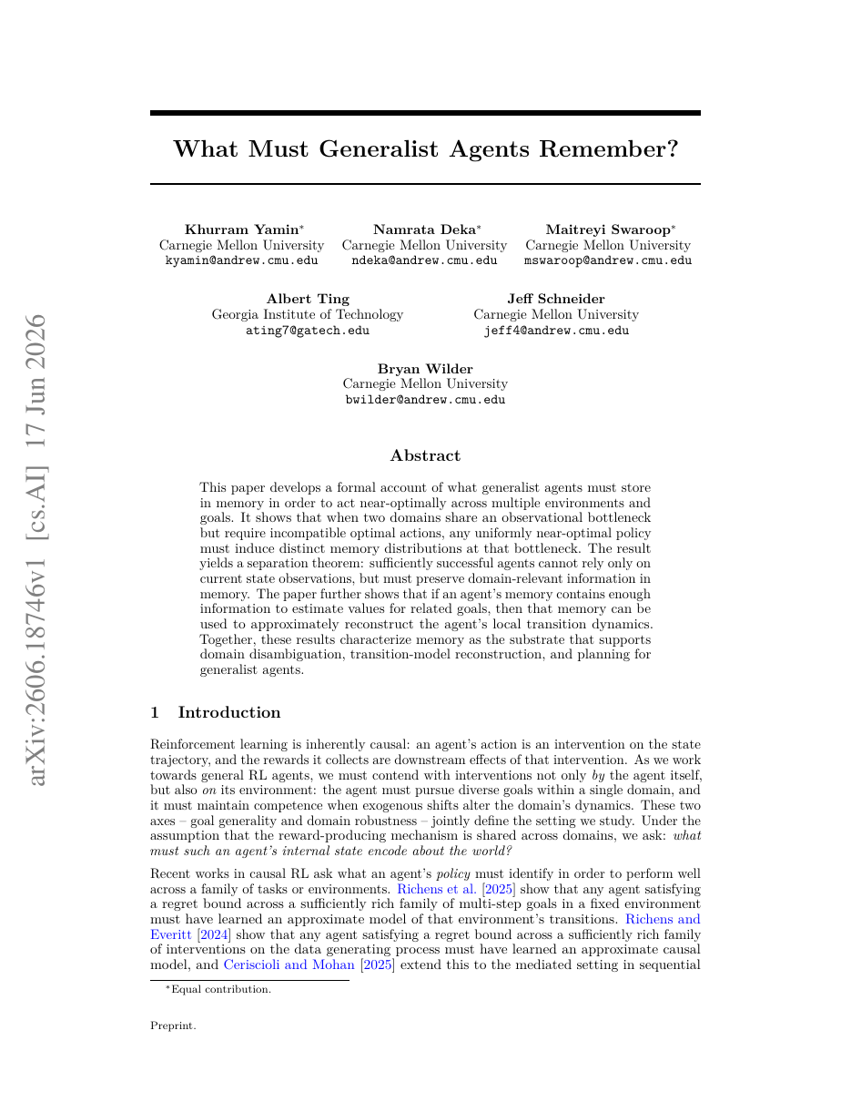 What Must Generalist Agents Remember?