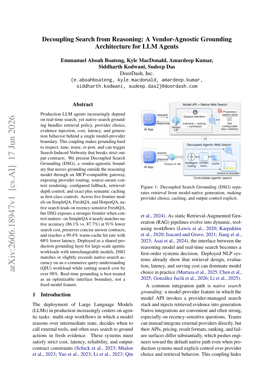 Decoupling Search from Reasoning: A Vendor-Agnostic Grounding Architecture for LLM Agents