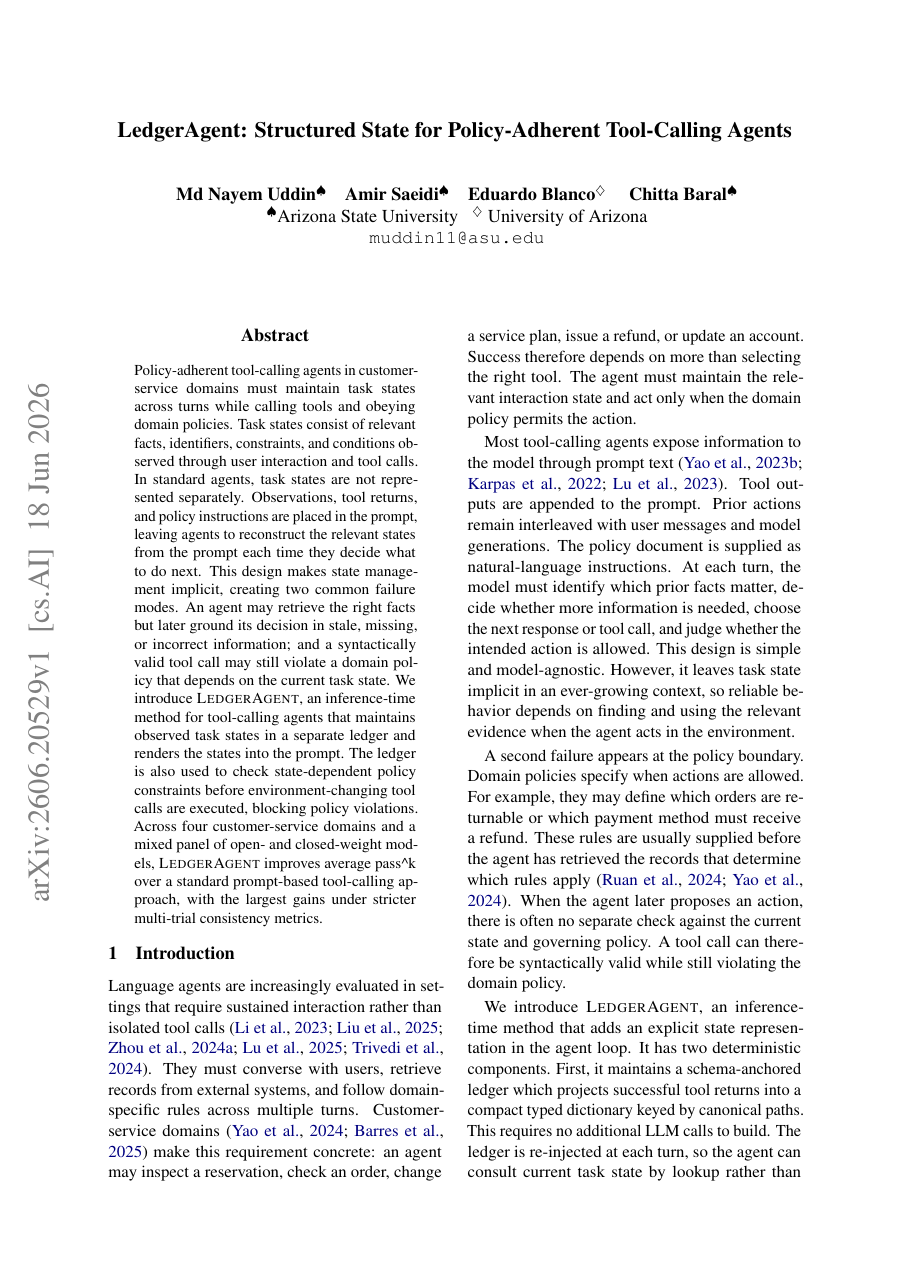LedgerAgent: Structured State for Policy-Adherent Tool-Calling Agents