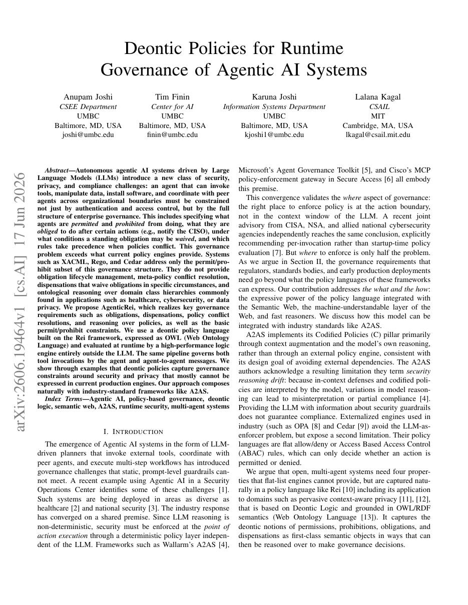 Deontic Policies for Runtime Governance of Agentic AI Systems