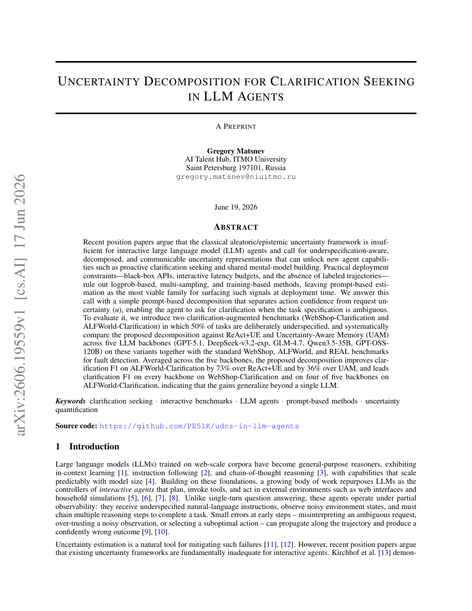 Uncertainty Decomposition for Clarification Seeking in LLM Agents