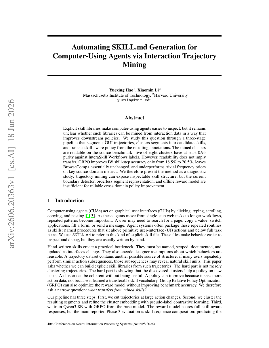 Automating SKILL.md Generation for Computer-Using Agents via Interaction Trajectory Mining