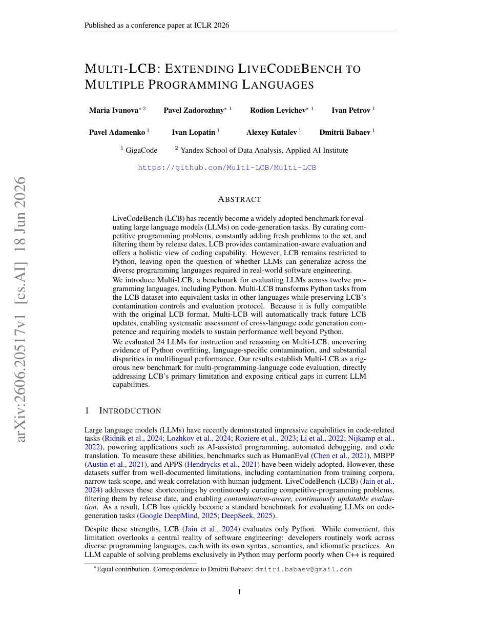 Multi-LCB: Extending LiveCodeBench to Multiple Programming Languages