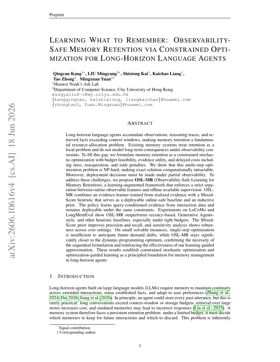 Learning What to Remember: Observability-Safe Memory Retention via Constrained Optimization for Long-Horizon Language Agents